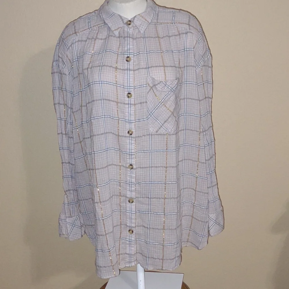 Free People Break My Stride Plaid Metallic Top/Blouse Size L